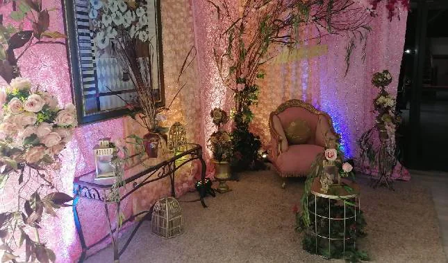 Lounge con cortinas rosas, flores blancas y sillón para la festejada